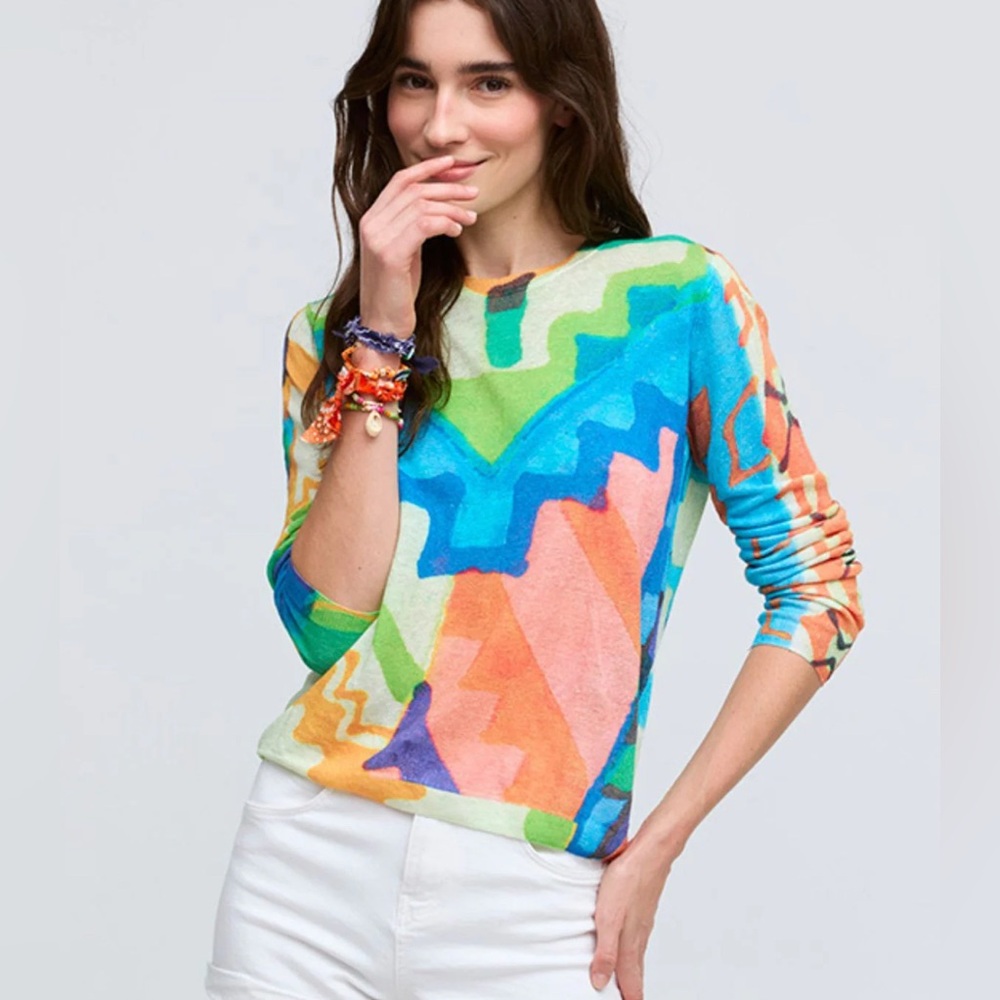 EUC Aldo Martins Biak linen multicolour paintbrush design long sleeve sweater